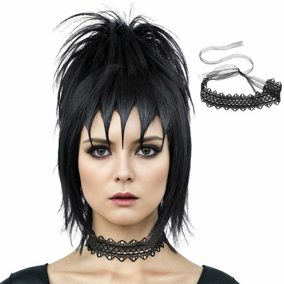 Lydia Deetz Beetlejuice Winona Ryder Short Black Hair Wig Gothic Bride NEW - Picture 6 of 15